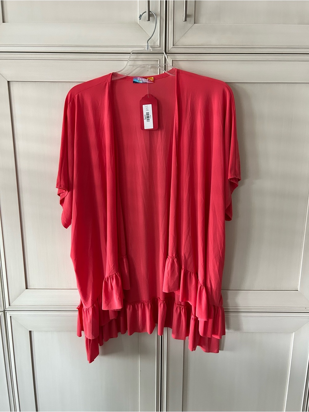 Women’s Coral Red Lightweight Ruffle Open Front Cardigan